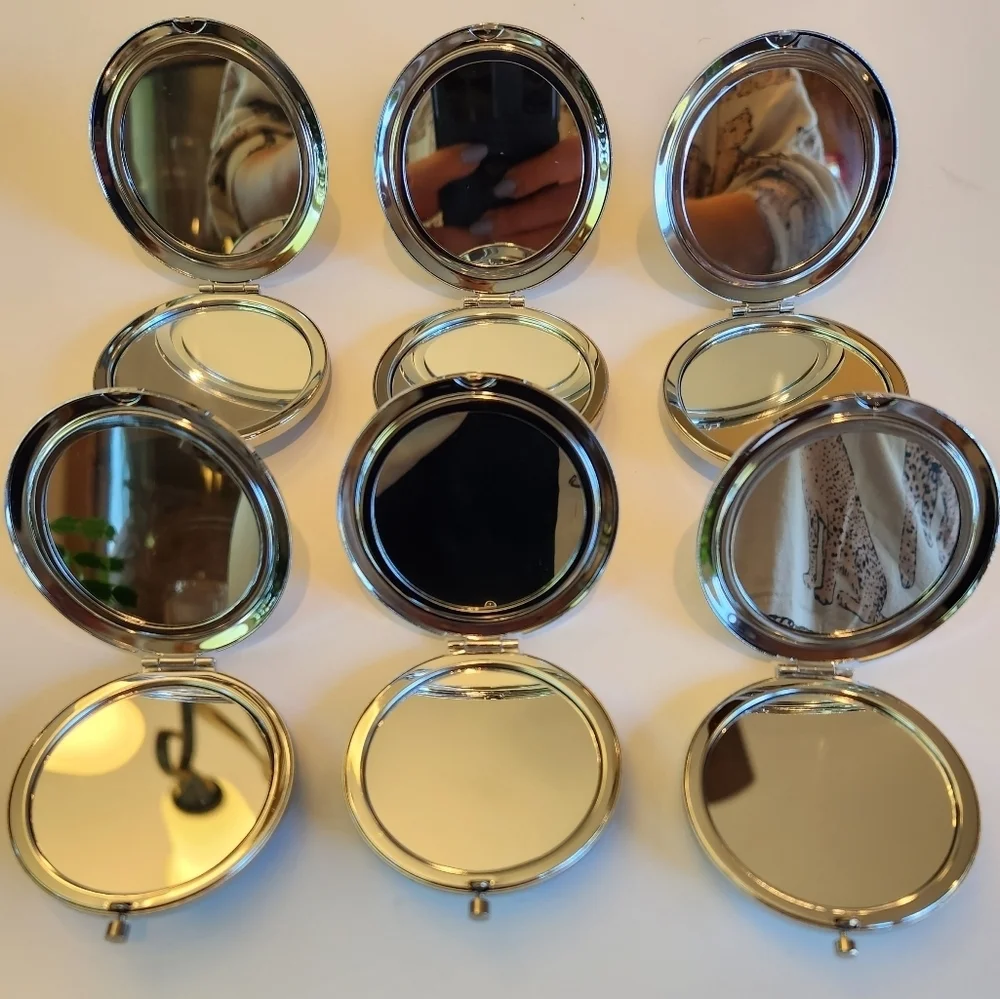 Set of 6 bejeweled metal case snap clasp compact mirrors with protective plastic